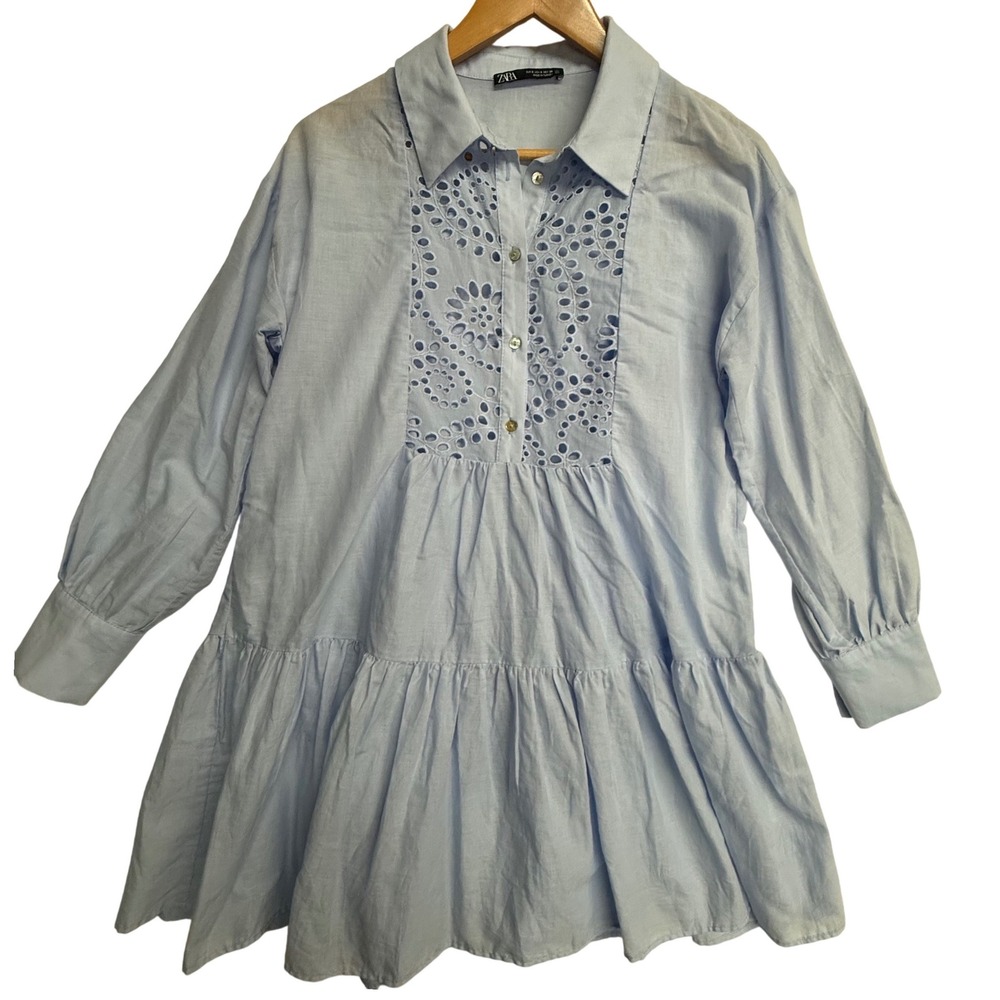 Zara Womens S Blue Eyelet Embroidered Tiered Shirt Dress Long Sleeve Cutwork